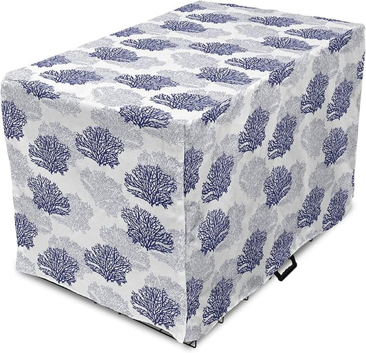 Lunarable Blue Nautical Dog Crate Cover, Demonstration of Coral Sea Plantation Drawings on a Plain Background, Easy to Use Pet Kennel Cover for Small Dogs Puppies Kittens, 22 Inch, Night Blue White