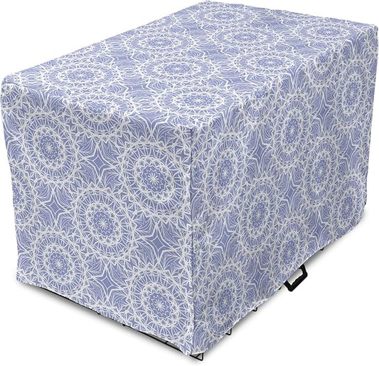 Lunarable Mandala Dog Crate Cover, Ceremonial Retro Minimal Far Eastern Pattern, Easy to Use Pet Kennel Cover for Cats & Medium Dogs, 30 Inch, Lavender Blue and White