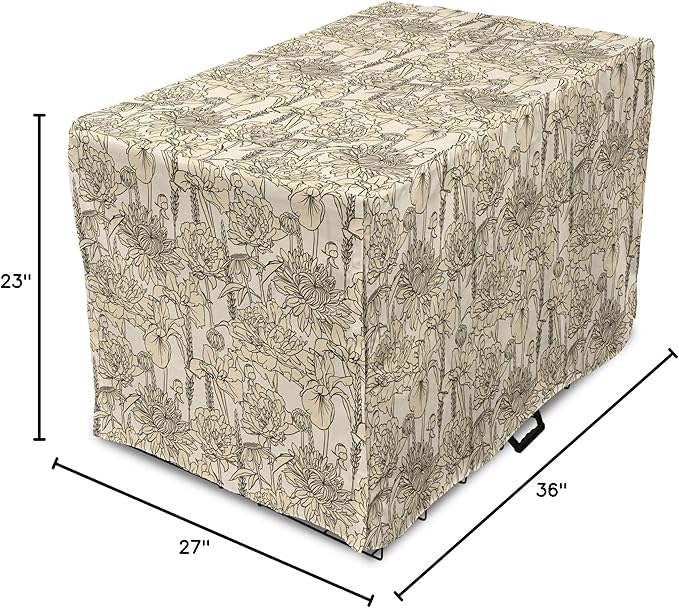 Lunarable Floral Dog Crate Cover, Daffodil and Carnation Bouquets Sketch Art Style Botanical Blossoms Field, Easy to Use Pet Kennel Cover for Medium Large Dogs, 36 Inch, Beige and Champagne