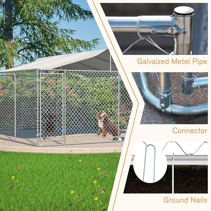 Large Outdoor Dog Kennel, Heavy Duty Galvanized Steel Dog Enclosure, Chicken Coop w/ Waterproof UV-Resistant Cover, Lockable Door Chain Link for Small & Large Pets, Backyard-177.6"L x 177.6"W x 91.2"H