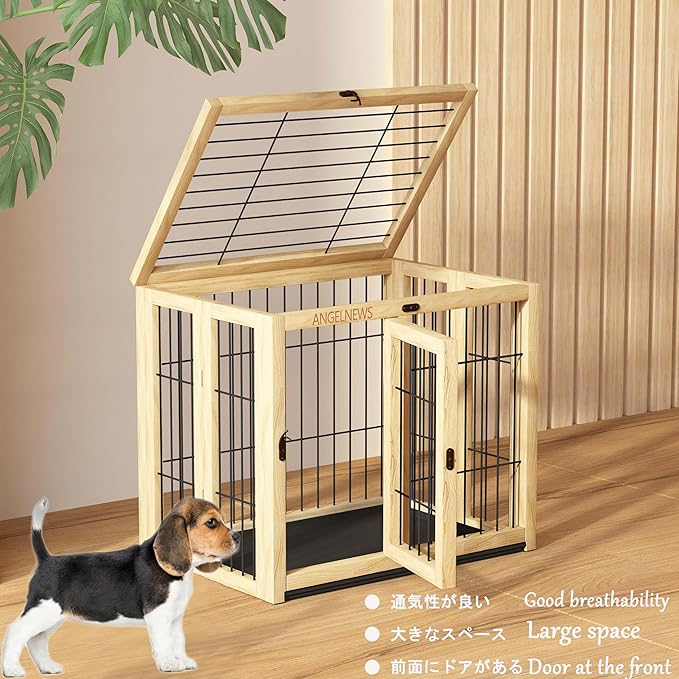 Wooden Folding Pet Cage Puppy Kennel & Cat Cage with Flippable Roof and Removable Tray, Indoor Dog Crate Furniture, Easy Assemble Easy Storing (M)