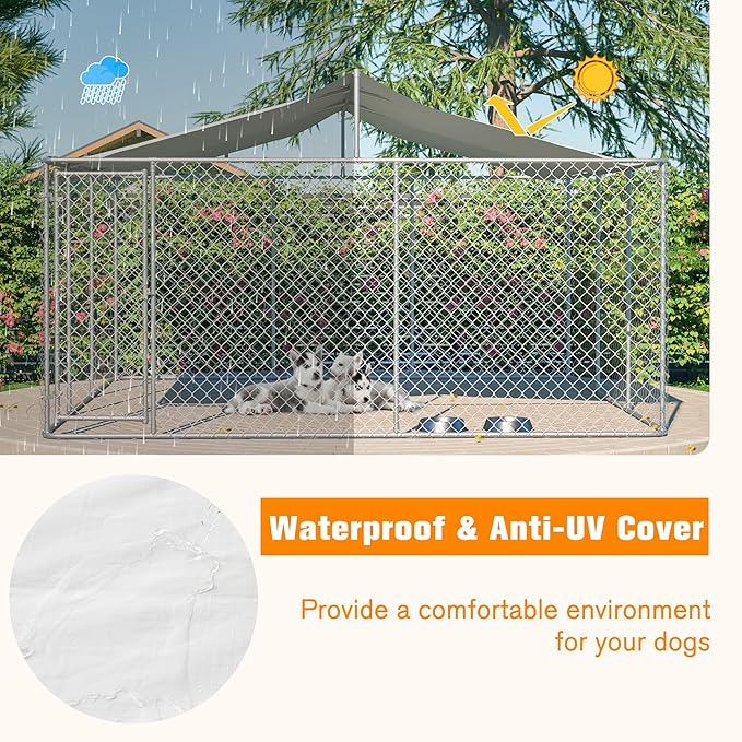 Large Outdoor Dog Kennel, Heavy Duty Galvanized Steel Dog Enclosure, Chicken Coop w/ Waterproof UV-Resistant Cover, Lockable Door Chain Link for Small & Large Pets, Backyard-177.6"L x 177.6"W x 91.2"H