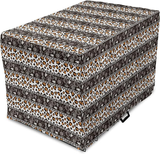 Ambesonne African Dog Crate Cover, Traditional Borders Cheetah Skin with Abstract Spirals and Circles, Easy to Use Pet Kennel Cover for Medium Large Dogs, 36 Inch, Pale Coffee Brown White