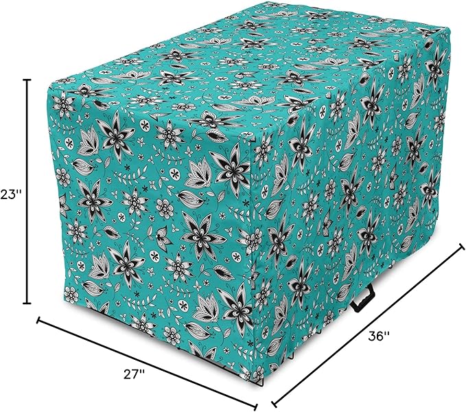 Lunarable Flower Dog Crate Cover, Abstract Monochrome Floral with Botanical Items, Easy to Use Pet Kennel Cover for Medium Large Dogs, 36 Inch, Seafoam Grey
