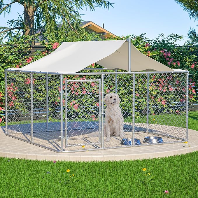 Outdoor Dog Enclosure,Heavy Duty Dog Kennel House Mesh Outside,Galvanized Chain Link Dog Run with Roof,Dog Cage Large Dogs,Dog Pen,Pet Kennel W/Waterproof Anti-UV Cover&Secure Lock for Large Dog