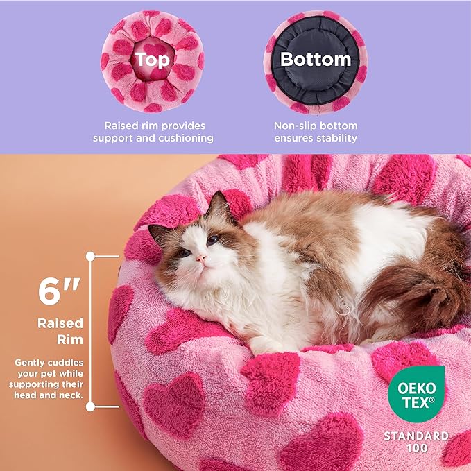 Lesure Donut Small Dog Bed - Round Cat Beds for Indoor Cats Anti-Anxiety Calming Pet Beds, Washable Cute Modern Beds with Teddy Sherpa Plush & Anti Slip Bottom, 20 Inch, Heart Pink