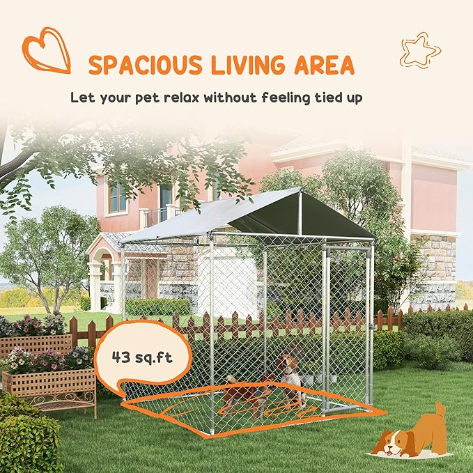 PawHut Large Dog Kennel Outside, Heavy Duty Dog Cage with Waterproof Cover, Outdoor Fence Dog Run with Galvanized Chain Link, Secure Lock, 6.6' x 6.6' x 7.8'