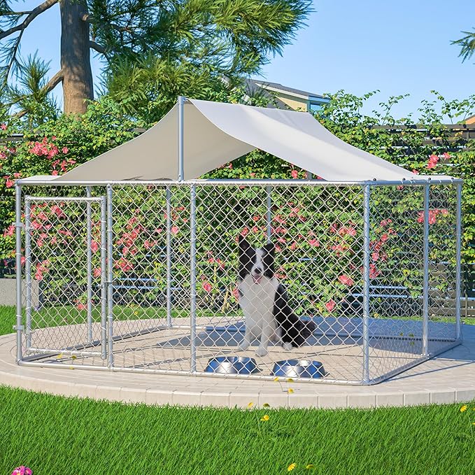 Outdoor Dog Enclosure,Heavy Duty Dog Kennel House Mesh Outside,Galvanized Chain Link Dog Run with Roof,Dog Cage Large Dogs,Dog Pen,Pet Kennel W/Waterproof Anti-UV Cover&Secure Lock for Large Dog