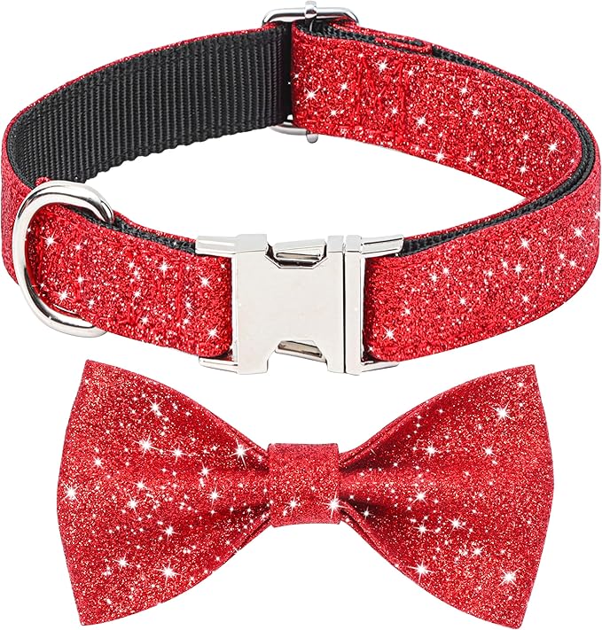 Red Dog Collar with Bow, Bling Bowtie Dog Collar for Small Medium Dogs, Cute Walking Boy and Girl Dog Collar (Neck fit 13-19’’)