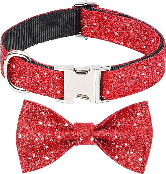 Red Dog Collar with Bow, Bling Bowtie Dog Collar for Puppy Small Dogs and Cats, Cute Walking Boy and Girl Dog Collar (Neck fit 9-12’’)