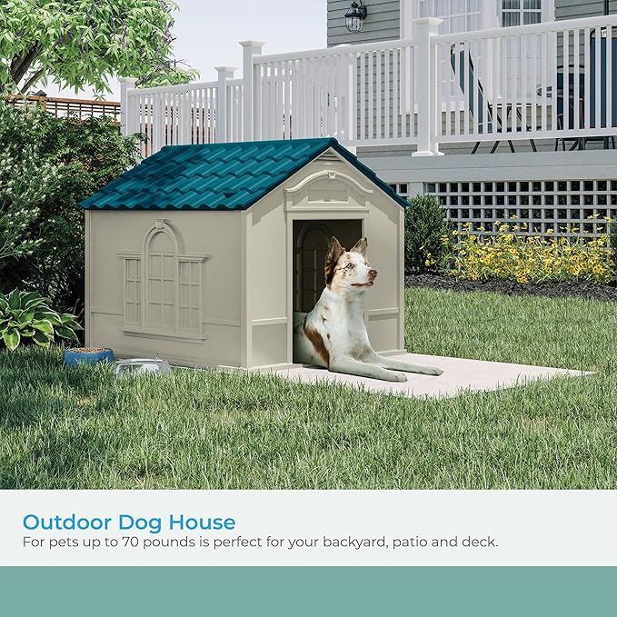 Suncast Deluxe Dog House for Dogs up to 100 Pounds with Removable Roof, Vents, Crowned Channeled Floor, and Personalization Labels, Taupe/Blue