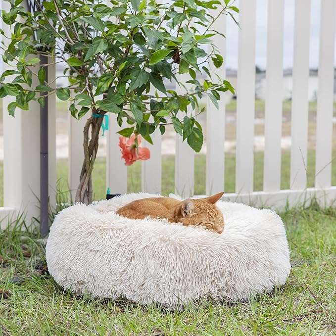 Small Dog Bed Calming Dogs Bed for Small Medium Large Dogs Anti-Anxiety Puppy Bed Machine Washable Warming Cozy Soft Pet Round Bed Fits up to 10-100 lbs (23”Small(Pack of 1), Beige)