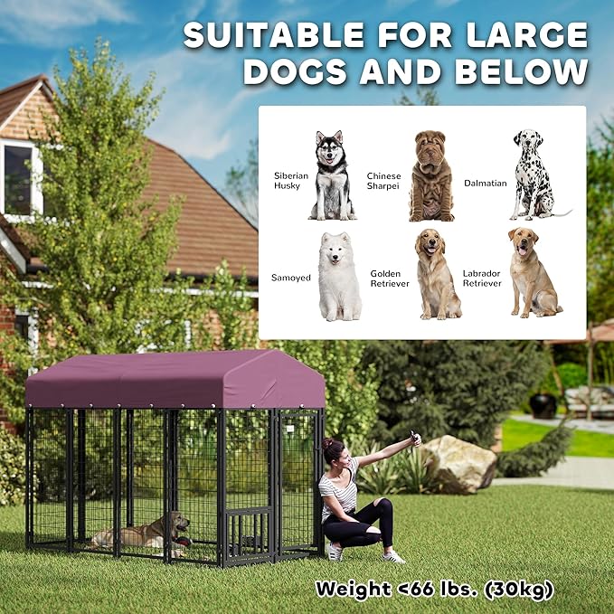 PawHut 7.9' x 4' x 6' Outdoor Dog Kennel, Welded Wire Heavy Duty Dog Run with 360° Rotating & 4 Level Adjustable Bowls, Dog Cage Outside with Waterproof & UV Resistant Cover, for S&M&L Dogs