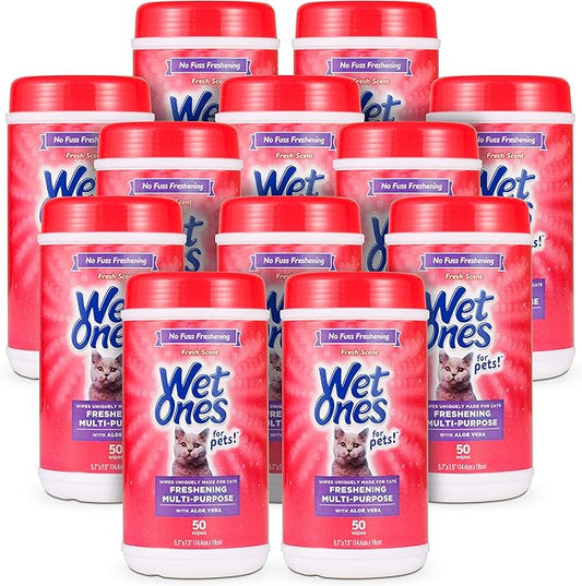 Wet Ones for Pets Freshening Multipurpose Wipes for Cats with Aloe Vera, Easy to Use Cat Cleaning Wipes, Freshening Cat Grooming Wipes for Pet Grooming in Fresh Scent (Pack of 12, 600 Count Total)