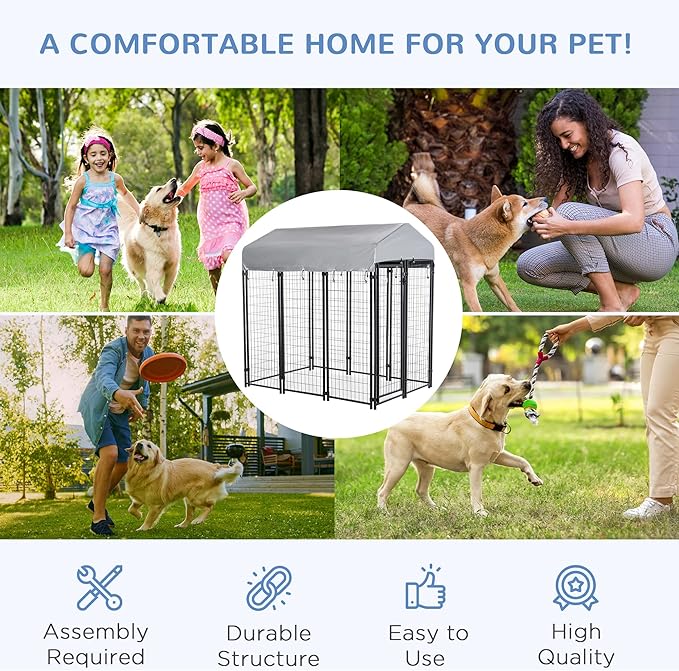 PawHut Outdoor Dog Kennel with Roof, 6' x 4' x 6' Heavy Duty Welded Wire Dog Playpen Enclosure with Escape-Proof Lock, UV-Resistant & Waterproof Cover, for Large Dogs, Silver