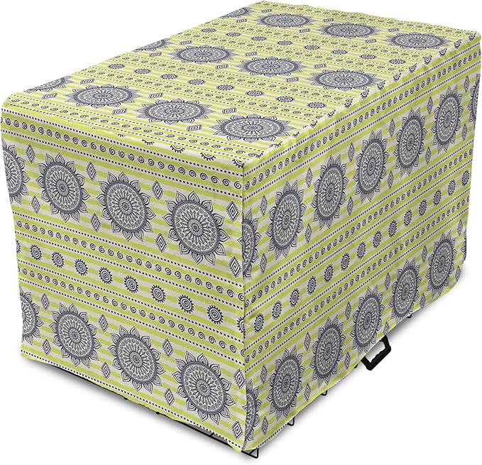 Lunarable Bohemian Mandala Dog Crate Cover, Floral Sun Motif on Brush Drawn Stripes with Dots, Easy to Use Pet Kennel Cover for Medium Large Dogs, 48 Inch, Night Blue Yellow