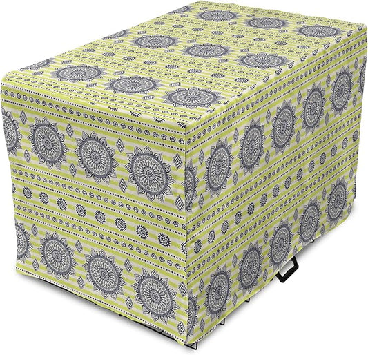 Lunarable Bohemian Mandala Dog Crate Cover, Floral Sun Motif on Brush Drawn Stripes with Dots, Easy to Use Pet Kennel Cover for Cats & Medium Dogs, 30 Inch, Night Blue Yellow