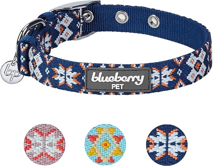 Blueberry Pet 3 Patterns Southwestern Modern Tribal Print Navy Braided Adjustable Dog Collar with Metal Buckle, Neck 13-16.5", for Medium Breed