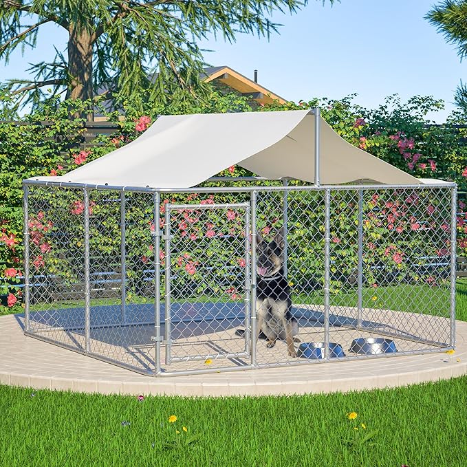 Large Outdoor Dog Kennel, Heavy Duty Galvanized Steel Dog Enclosure, Chicken Coop w/Waterproof UV-Resistant Cover, Lockable Door Chain Link for Small & Large Pets, Backyard (118" L x 118" W x 71" H)