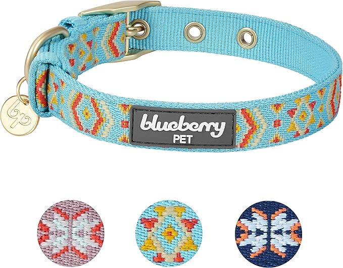 Blueberry Pet 3 Patterns Southwestern Magical Tribal Print Celeste Blue Adjustable Dog Collar with Metal Buckle, Neck 17-20.5", for Large Breed