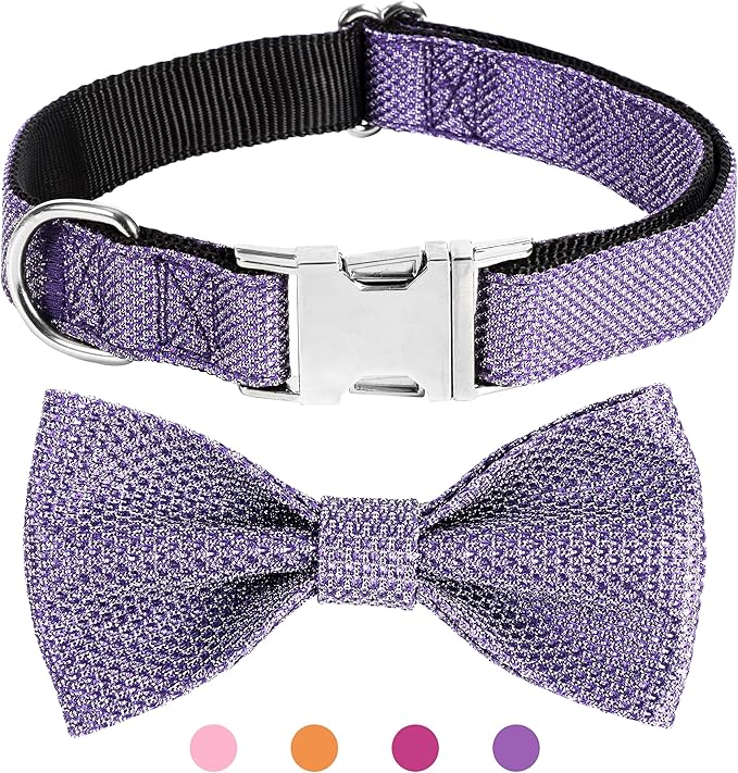 Dog Collar with Bow for Small Medium Large Dogs, Cute Bling Dog Bow Tie Collar with Metal Buckle, Soft & Durable for Large Dogs Walking (Purple, L)