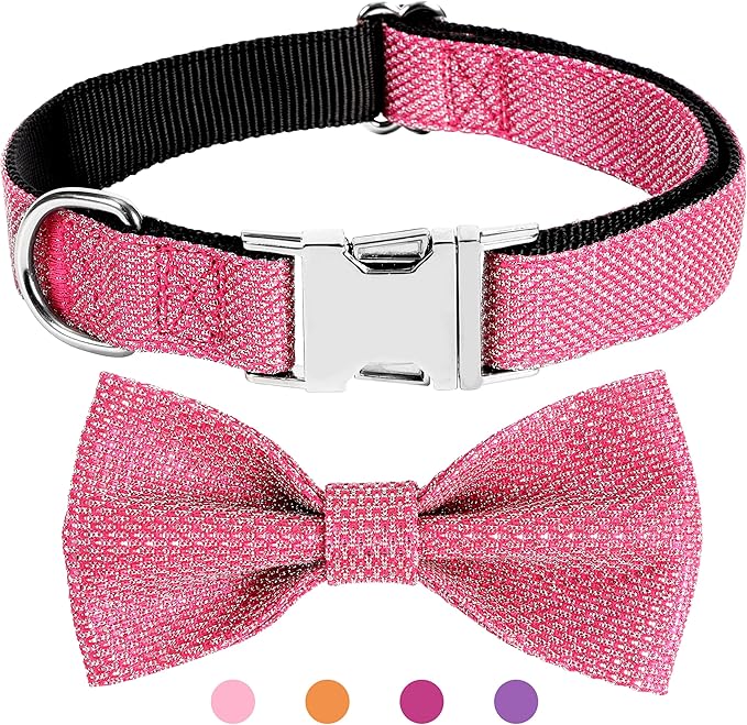 Dog Collar with Bow for Small Medium Large Dogs, Cute Bling Dog Bow Tie Collar with Metal Buckle, Soft & Durable for Small Dogs Walking (Dark Pink, S)