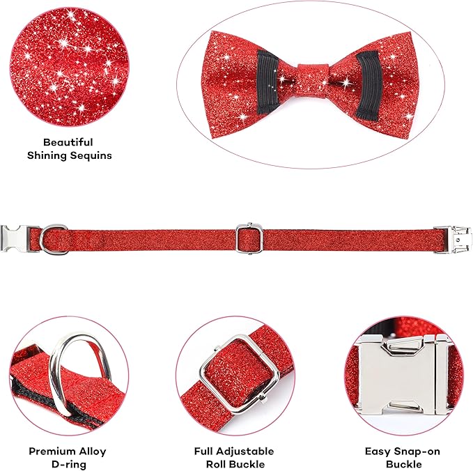 Bling Bow Tie Dog Collar and Leash Set, Red Christmas Dog Collar with Bow and 5ft Leash for Small Medium Dogs, Cute Walking Boy and Girl Dog Collar Set (Neck fit 11-16’’)