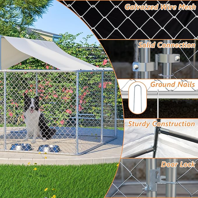 Outdoor Dog Enclosure,Heavy Duty Dog Kennel House Mesh Outside,Galvanized Chain Link Dog Run with Roof,Dog Cage Large Dogs,Dog Pen,Pet Kennel W/Waterproof Anti-UV Cover&Secure Lock for Large Dog