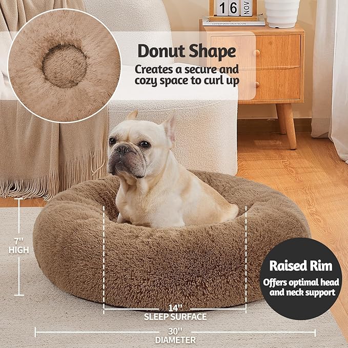 OhGeni Calming Donut Dog & Cat Bed Pillow, Machine Washable Plush Waterproof Zipper Cover, Anti-Slip Round Comfort Pet Bed, Pillow Design Cozy Warming Fluffy Fur Bed for Medium Dogs, Ocher, 30 inches
