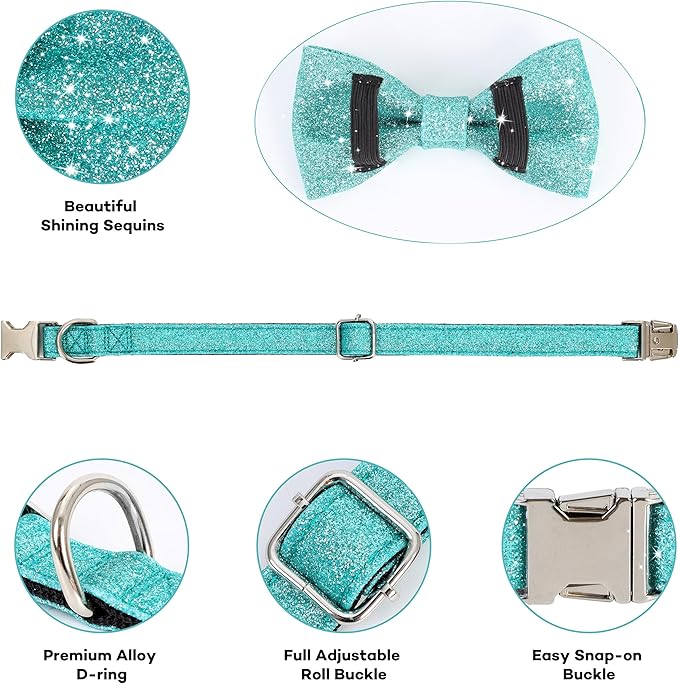Bling Bow Tie Dog Collar and Leash Set, Cute Teal Boy Dog Collar with Bow and 5ft Leash for Medium Dogs Daily Walking or Christmas Holiday (Neck fit 13-19’’)