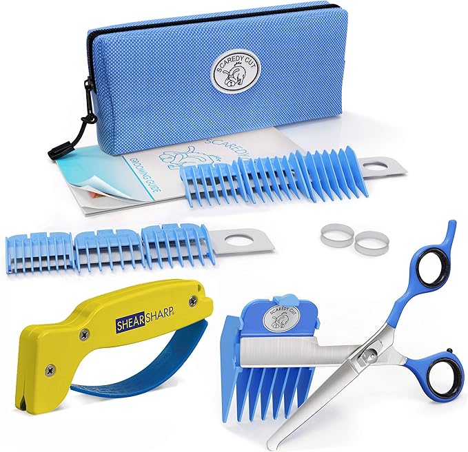 Scaredy Cut Silent Clipper + Sharpener Pet Grooming Kit, Blue, Right-Handed 17pc RH + Sharpener, Blue