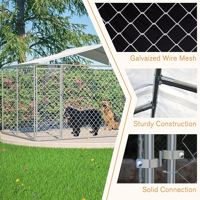 Large Outdoor Dog Kennel, Heavy Duty Galvanized Steel Dog Enclosure, Chicken Coop w/Waterproof UV-Resistant Cover, Lockable Door Chain Link for Small & Large Pets, Backyard-157.2" L x 91.2" W x 90" H