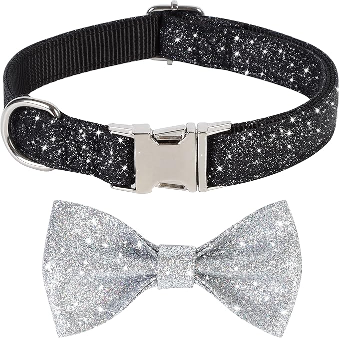 Bling Bow Tie Dog Collar and Leash Set, Cute Black Boy Dog Collar with Bow and 5ft Leash for Small Medium Dogs Daily Walking or Holiday Party (Neck fit 11-16’’)