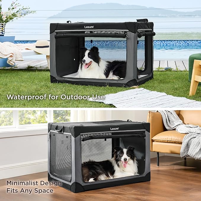 Lesure Soft Collapsible Dog Crate - 26 Inch Portable Travel Crate for Small Dogs Indoor & Outdoor, 4-Door Foldable Pet Kennel with Durable Mesh Windows, Grey