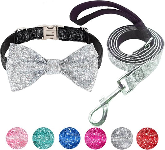 Bling Bow Tie Dog Collar and Leash Set, Cute Black Boy Dog Collar with Bow and 5ft Leash for Puppy Small Dogs Daily Walking or Holiday Party (Neck fit 9-12’’)