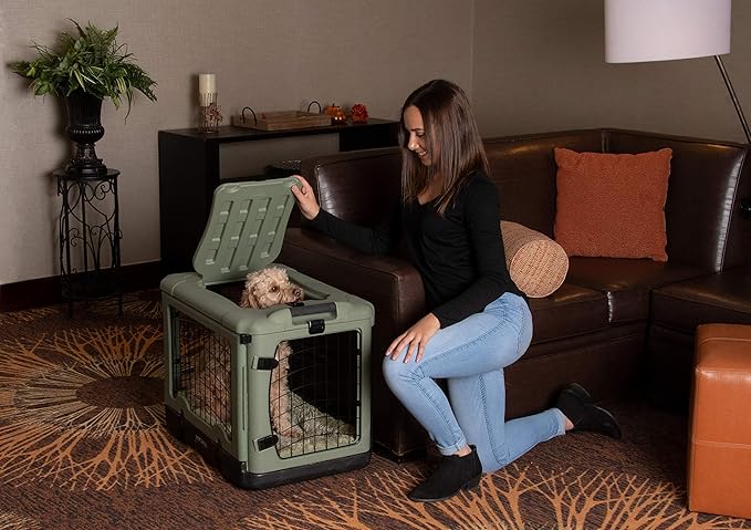 Pet Gear “The Other Door” 4 Door Steel Crate for Dogs/Cats with Garage-Style Door, Includes Plush Bed + Travel Bag, No Tools Required, Willow