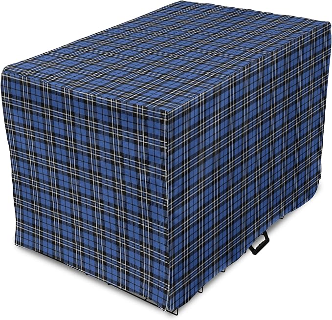 Lunarable Plaid Dog Crate Cover, Classical Old Fashioned Abstract Pattern Design Scottish Country Style, Easy to Use Pet Kennel Cover for Cats & Medium Dogs, 24 Inch, Violet Blue Black White
