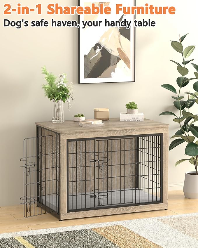 Piskyet Dog Crate Furniture with Cushion,Heavy-Duty Reinforced Metal Mesh,44" Wooden Dog Crate End Table with Double Doors,Indoor Dog Kennel,Dog Cage Side Table for Large Breed,Grey