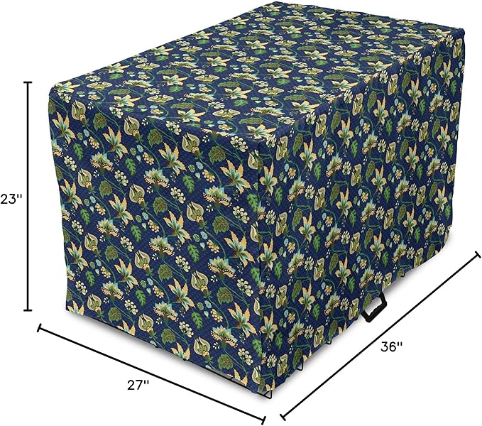 Lunarable Jacobean Dog Crate Cover, Triangles with Floral Pattern Stalks Leaves Flowers Whimsical Nature, Easy to Use Pet Kennel Cover for Medium Large Dogs, 36 Inch, Dark Blue Green Mustard