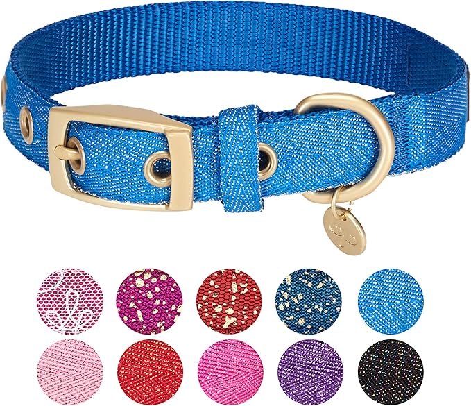 Blueberry Pet 6 Colors The Most Coveted Designer Mixed Metallic Thread Adjustable Dog Collar in Sparkling Azure Blue with Metal Buckle, Neck 17-20.5", for Large Breed