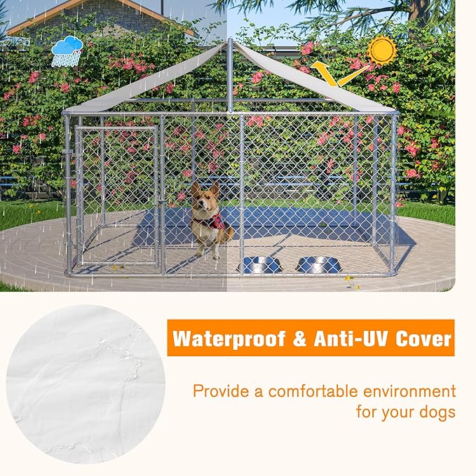 Large Outdoor Dog Kennel, Heavy Duty Galvanized Steel Dog Enclosure, Chicken Coop with Waterproof UV-Resistant Cover, Lockable Door Chain Link for Small & Large Pets, Backyard (90" L x 90" W x 65" H)
