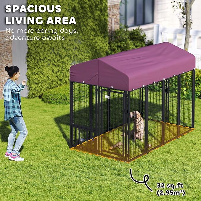 PawHut 7.9' x 4' x 6' Outdoor Dog Kennel, Welded Wire Heavy Duty Dog Run with 360° Rotating & 4 Level Adjustable Bowls, Dog Cage Outside with Waterproof & UV Resistant Cover, for S&M&L Dogs