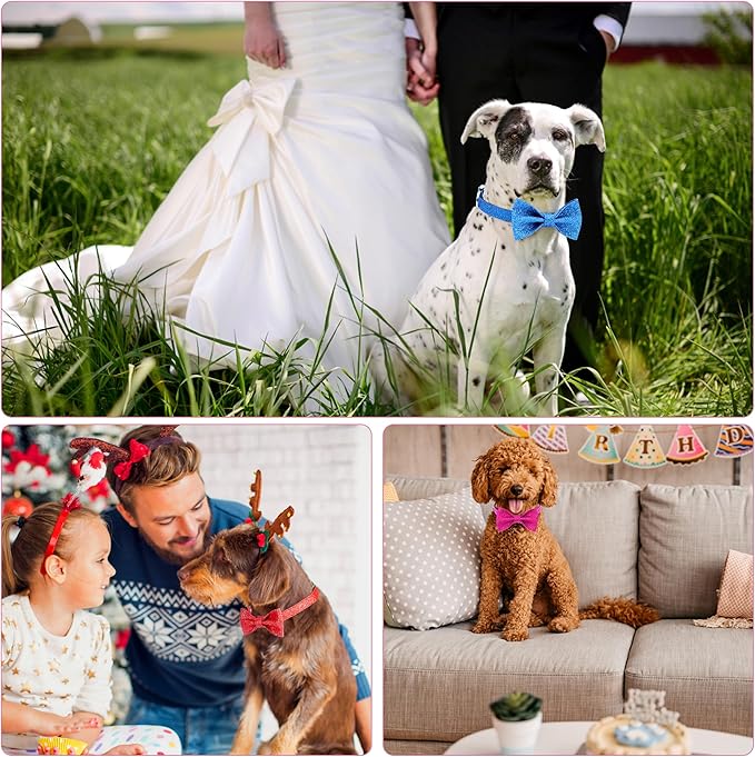 Bling Bow Tie Dog Collar and Leash Set, Red Christmas Dog Collar with Bow and 5ft Leash for Small Medium Dogs, Cute Walking Boy and Girl Dog Collar Set (Neck fit 11-16’’)