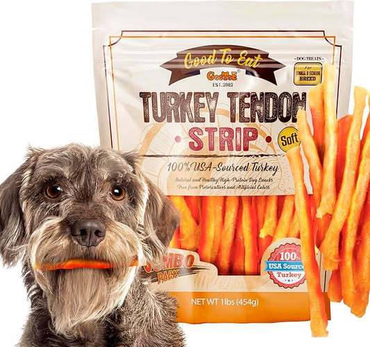 Gootoe Soft Turkey Tendon Dog Treat–Natural Chewy Snack, 100% USA-Sourced, Premium Training Chew, Hypoallergenic, Reseal Value Bag, Ideal for Small& Senior Dog, Soft Strip Jumbo Pack, 1 lb (Pack of 1)