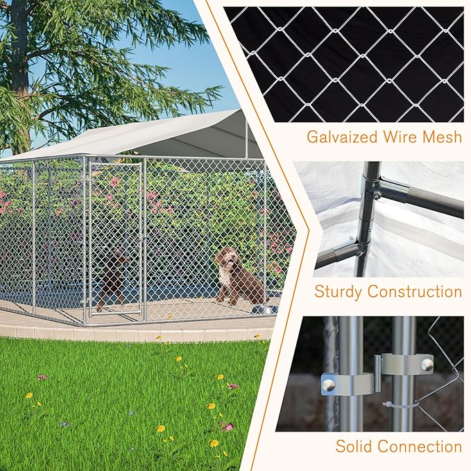 Large Outdoor Dog Kennel, Heavy Duty Galvanized Steel Dog Enclosure, Chicken Coop w/ Waterproof UV-Resistant Cover, Lockable Door Chain Link for Small & Large Pets, Backyard-177.6"L x 177.6"W x 91.2"H