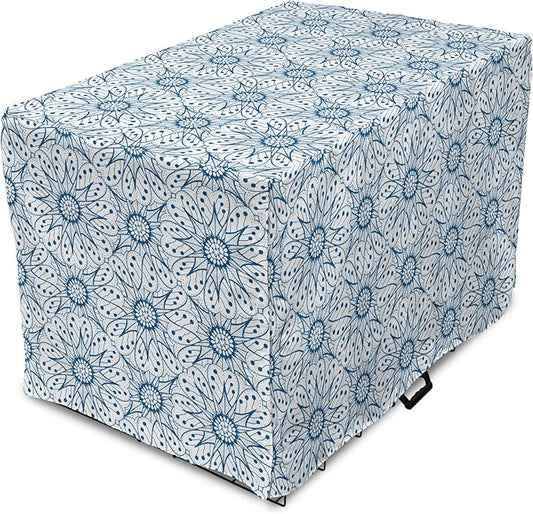 Ambesonne Blue and White Dog Crate Cover, Dutch Tile Design with Large Flowers and Detailed Petals Antique Ethnic, Easy to Use Pet Kennel Cover for Medium Large Dogs, 42 Inch, White Blue