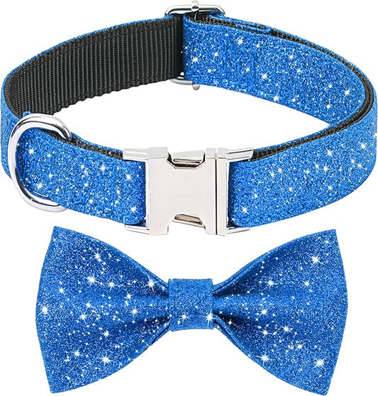 Blue Boy Dog Collar with Bow, Bling Male Bowtie Dog Collar for Puppy Small Medium Dogs, Cute Dog Collar for Daily Walking or Holiday Party (Neck fit 11-16’’)