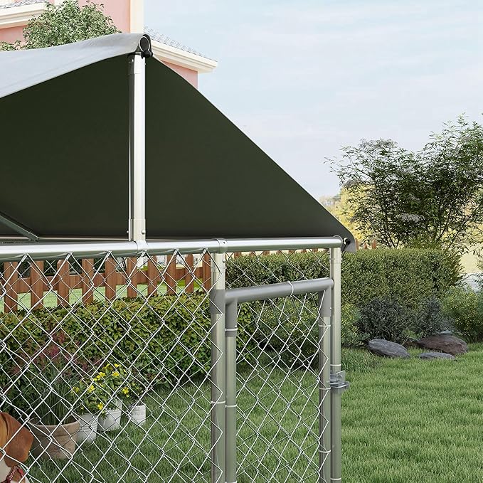PawHut Large Dog Kennel Outside, Heavy Duty Dog Cage with Waterproof Cover, Outdoor Fence Dog Run with Galvanized Chain Link, Secure Lock, 6.6' x 6.6' x 4.9'