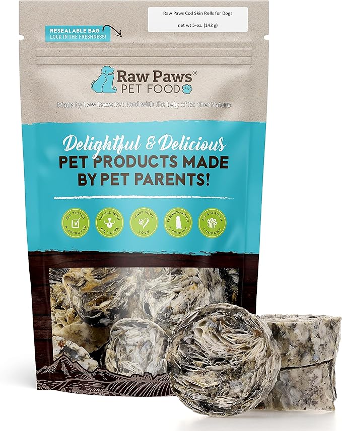 Raw Paws Cod Skin Rolls for Dogs, 5-oz – Icelandic Cod Skins for Dogs - Fish Skins for Dogs - Fish Skin Chews for Dogs - Cod Skin Dog Treats - Cod Treats for Dogs - Dried Fish Dog Treats - Fish Treats