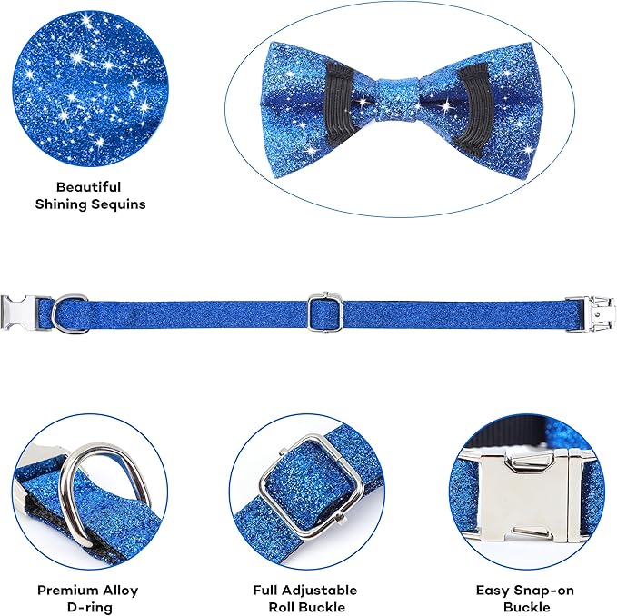 Bling Bow Tie Dog Collar and Leash Set, Cute Blue Boy Dog Collar with Bow and 5ft Leash for Small Medium Dogs Daily Walking or Holiday Party (Neck fit 11-16’’)